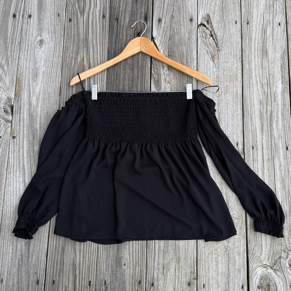 Express Baby Doll Ruched Black Off The Shoulder Y2K Top  Small - Picture 6 of 6